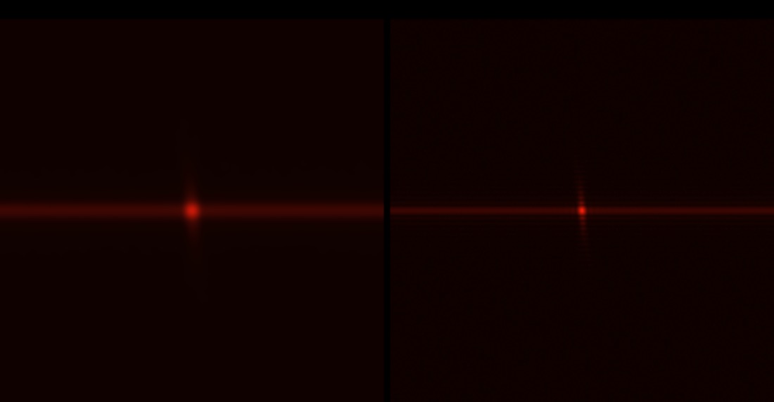 Side by side: sober rendering shows a soft blurred glow, DMT rendering of the identical optical field shows visible fine vertical striations